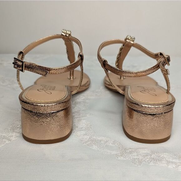 Jewel Badgley Mischka Dasha Block Heel Thong Sandals Roes Gold Champagne Y2K - Picture 4 of 6